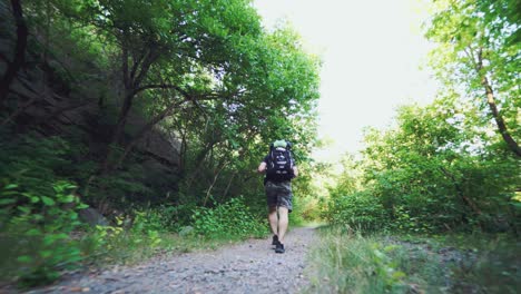 traveler in sportswear with backpack is walking along a path in the wood on the background of trees and rocks