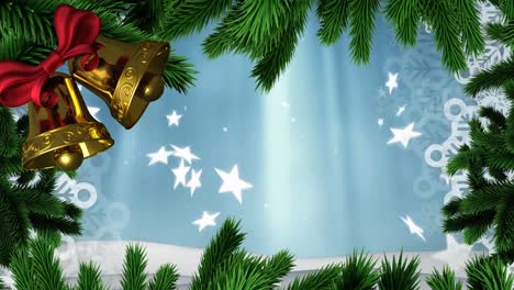 Animation-of-white-stars-and-snowflakes-on-blue-background-with-bells-and-christmas-tree-border