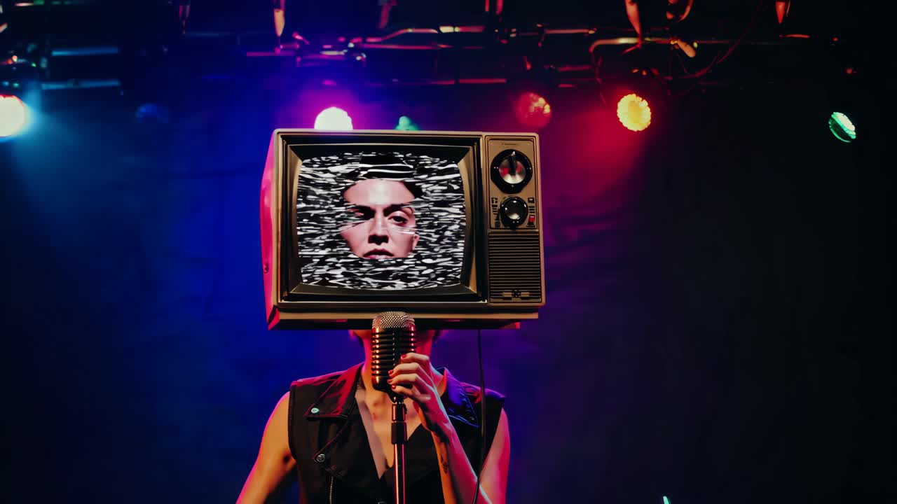 무대에서 노래하는 tv 헤드 사람