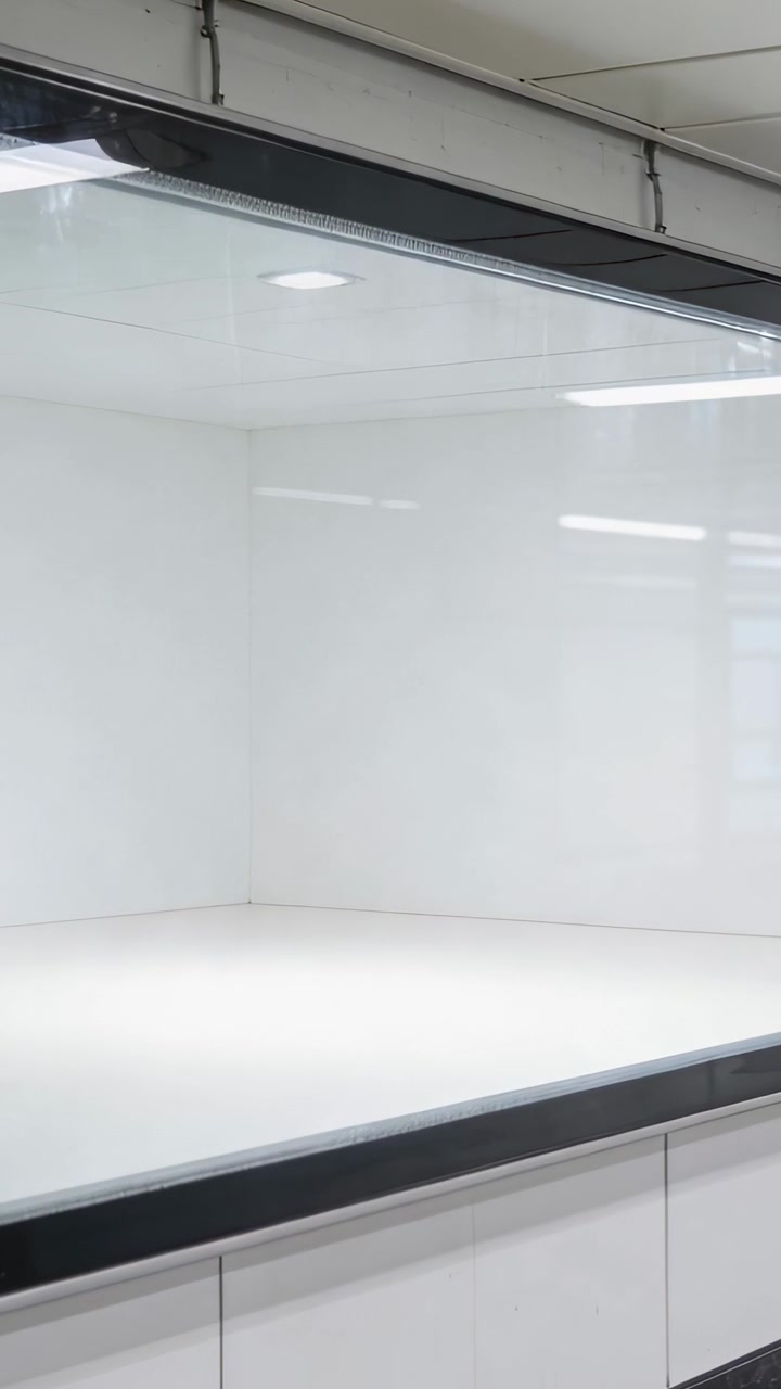 Vertical video: Recording camera filming empty glass showcase at store, capturing shelf reflections