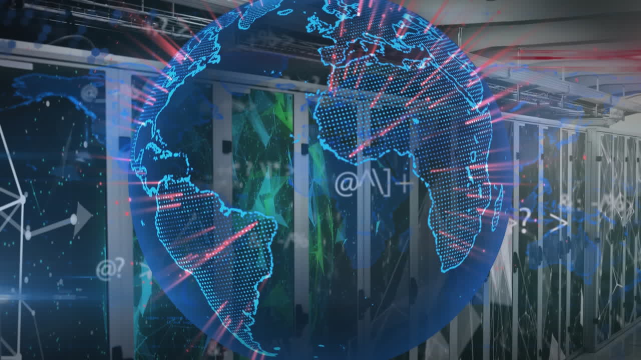 Animation of data processing and globe over computer servers