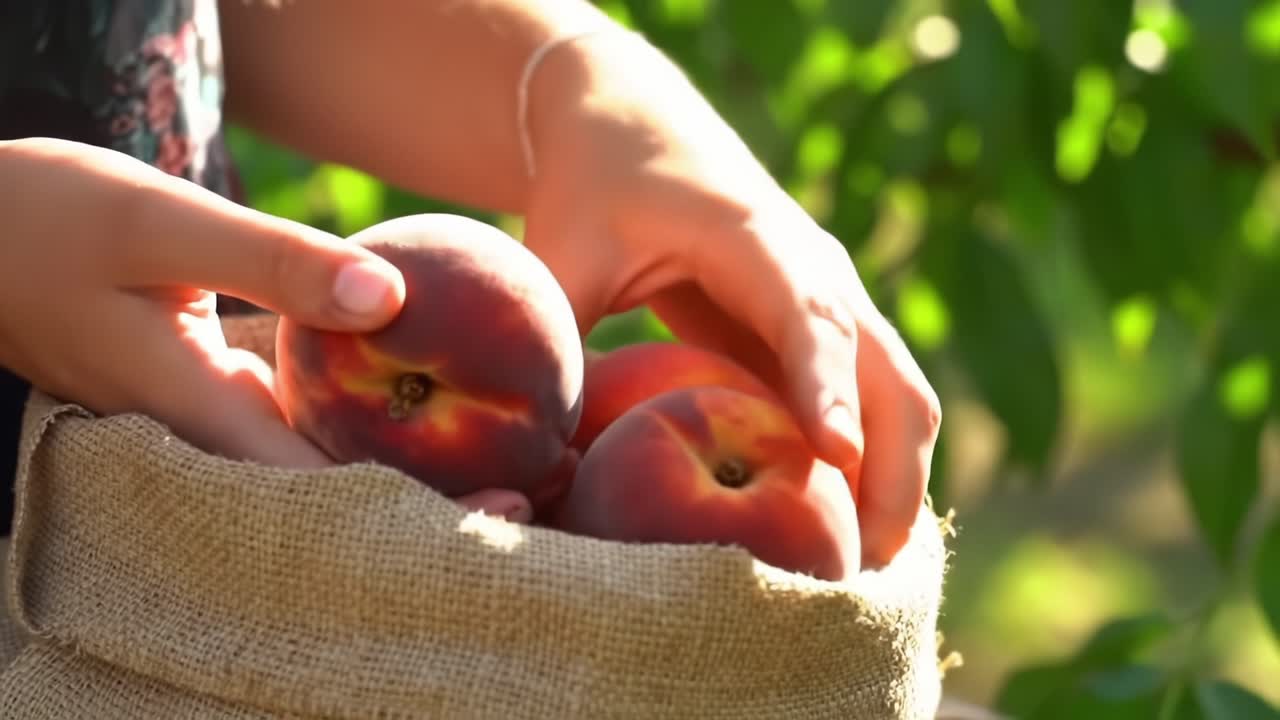 Harvesting Ripe Peaches in a Sunny Orchard During Summer