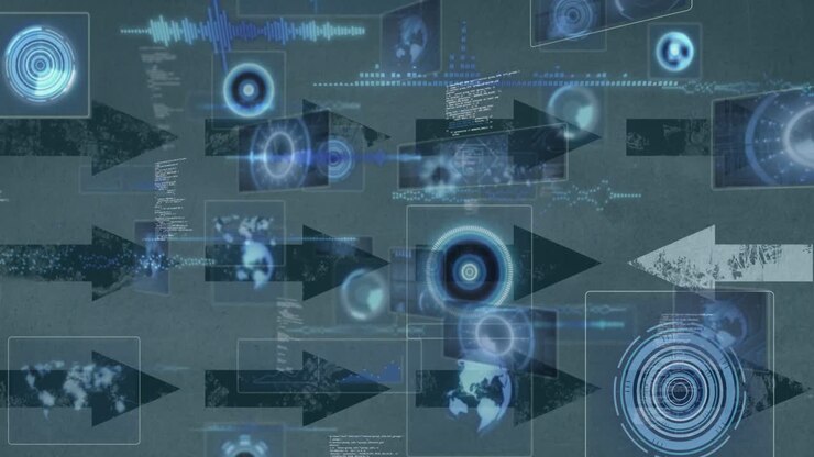 Animation of scopes scanning and data processing on screens over arrows