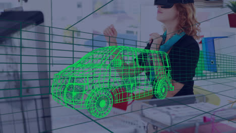 Animation-of-digital-3d-drawing-of-car-over-woman-using-vr-headset