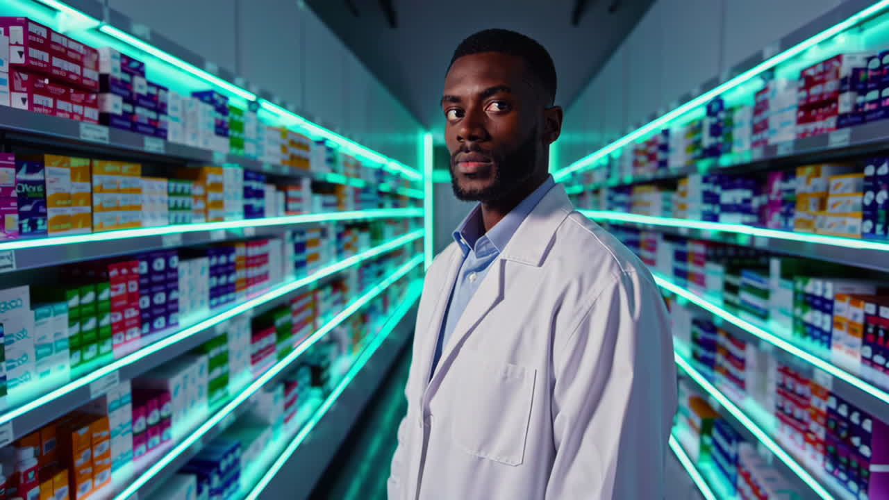 Farmacista in una farmacia di notte