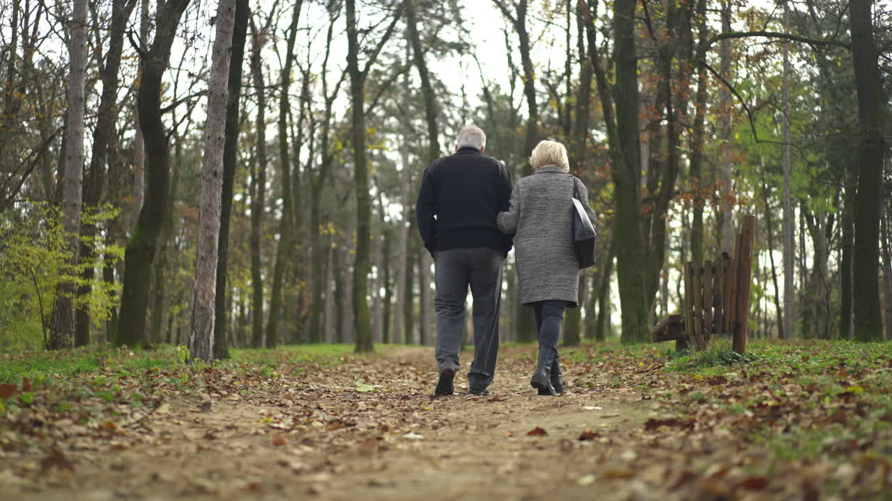 Couple walking together in a forest path during fall