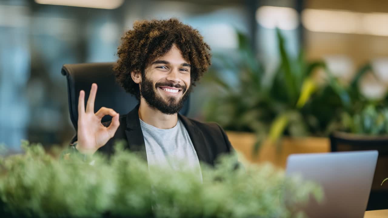 Un professionista d'affari allegro fa un gesto positivo mentre è seduto in un moderno spazio di lavoro adornato con una rigogliosa vegetazione, mostrando un'atmosfera di produttività e gioia