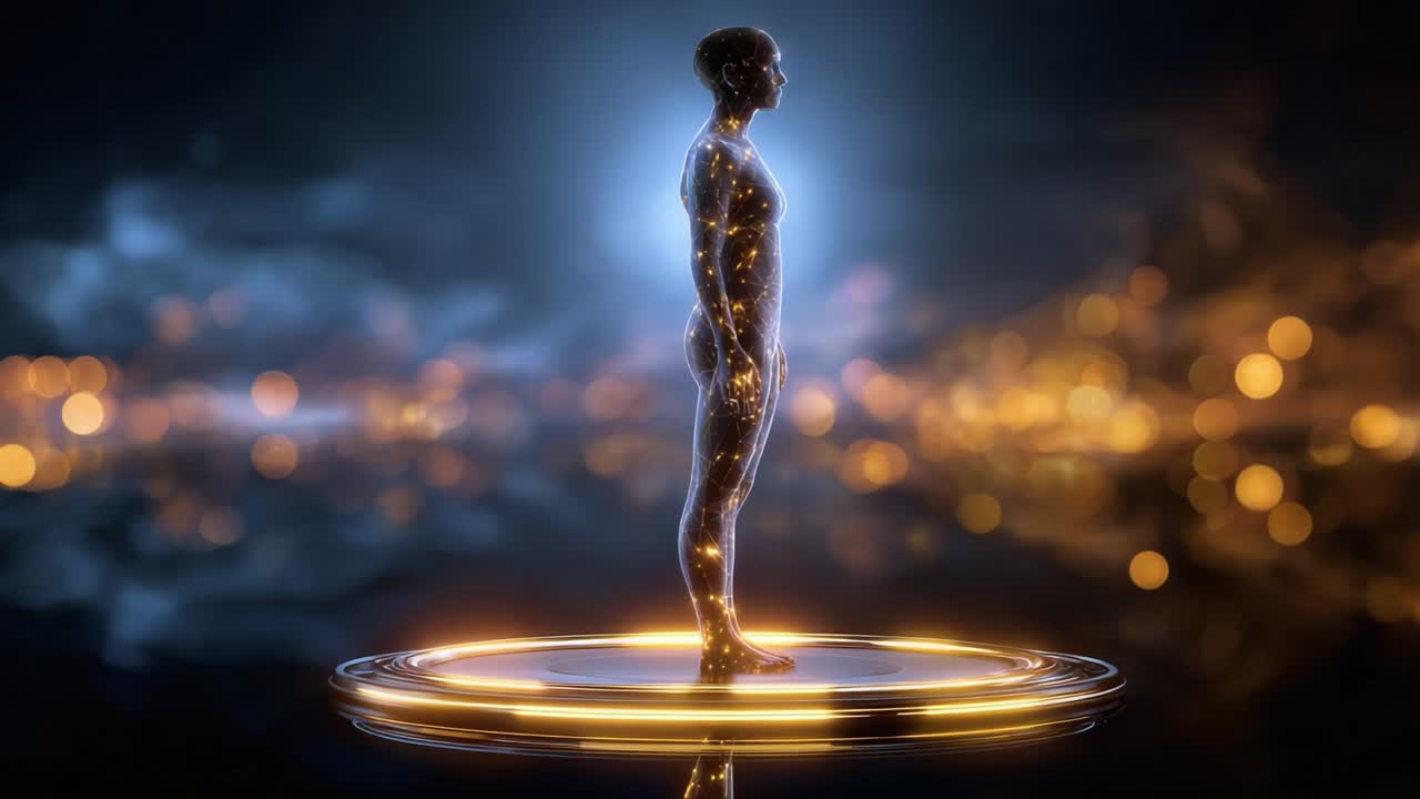 A Glowing Human Silhouette Surrounded by Mystical Lights Representing Energy and Vitality in an Enigmatic Digital Landscape