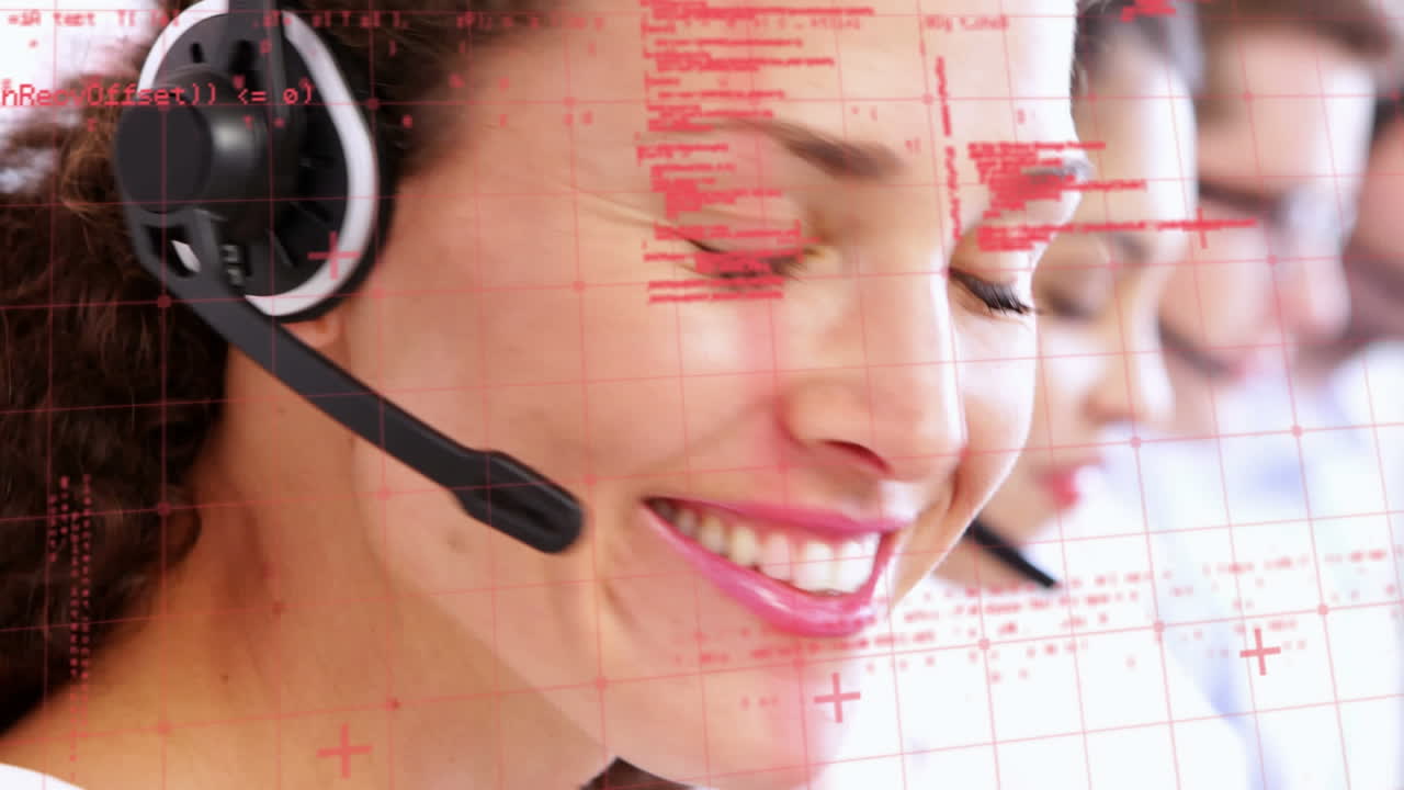 Animation of financial data processing over people wearing phone headsets