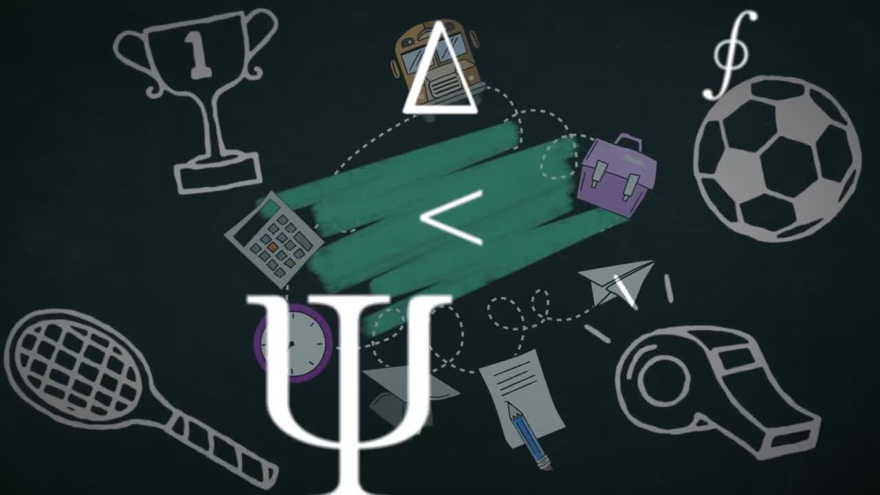 그래픽 위에 수학 수식과 학교 물건 아이콘의 애니메이션