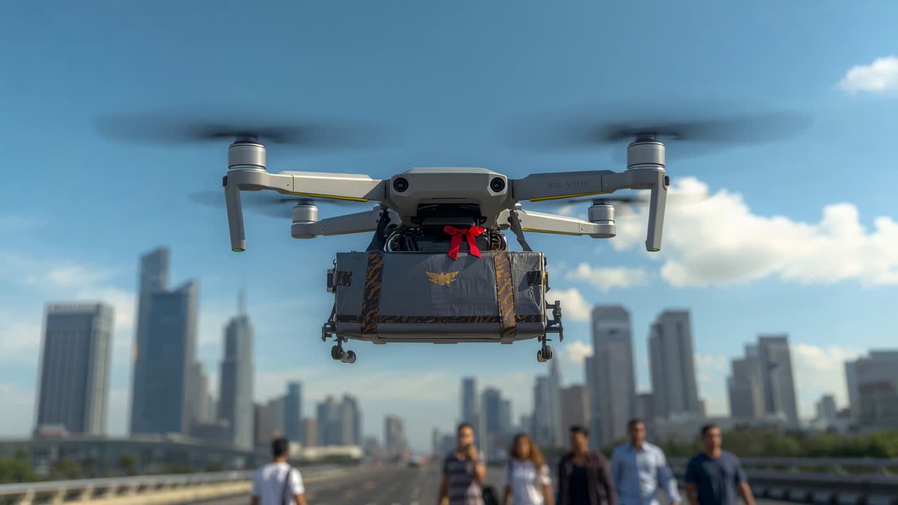 Camera tracking quadrotor drone descending over city bridge delivering red-bow parcel to walkers