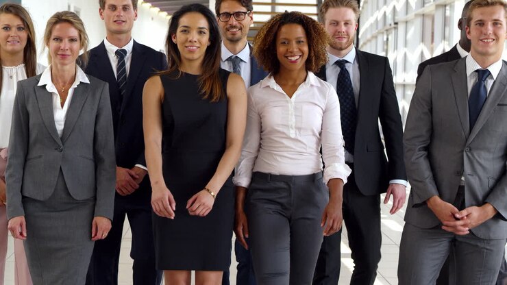 Portrait Of Business Team Walking Towards Camera In Office