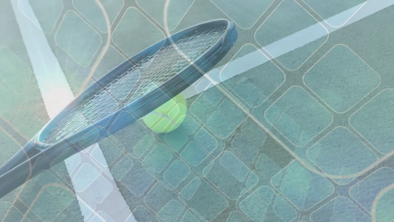 Flat design tennis racket resting over white boundary line on green court showing grid overlay