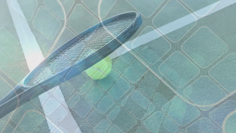 flat design tennis racket resting over white boundary line on green court showing grid overlay