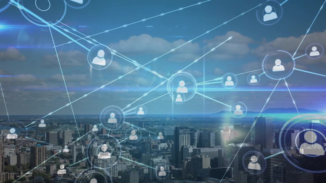 Animation of network of profile icons and blue light trails against aerial view of cityscape