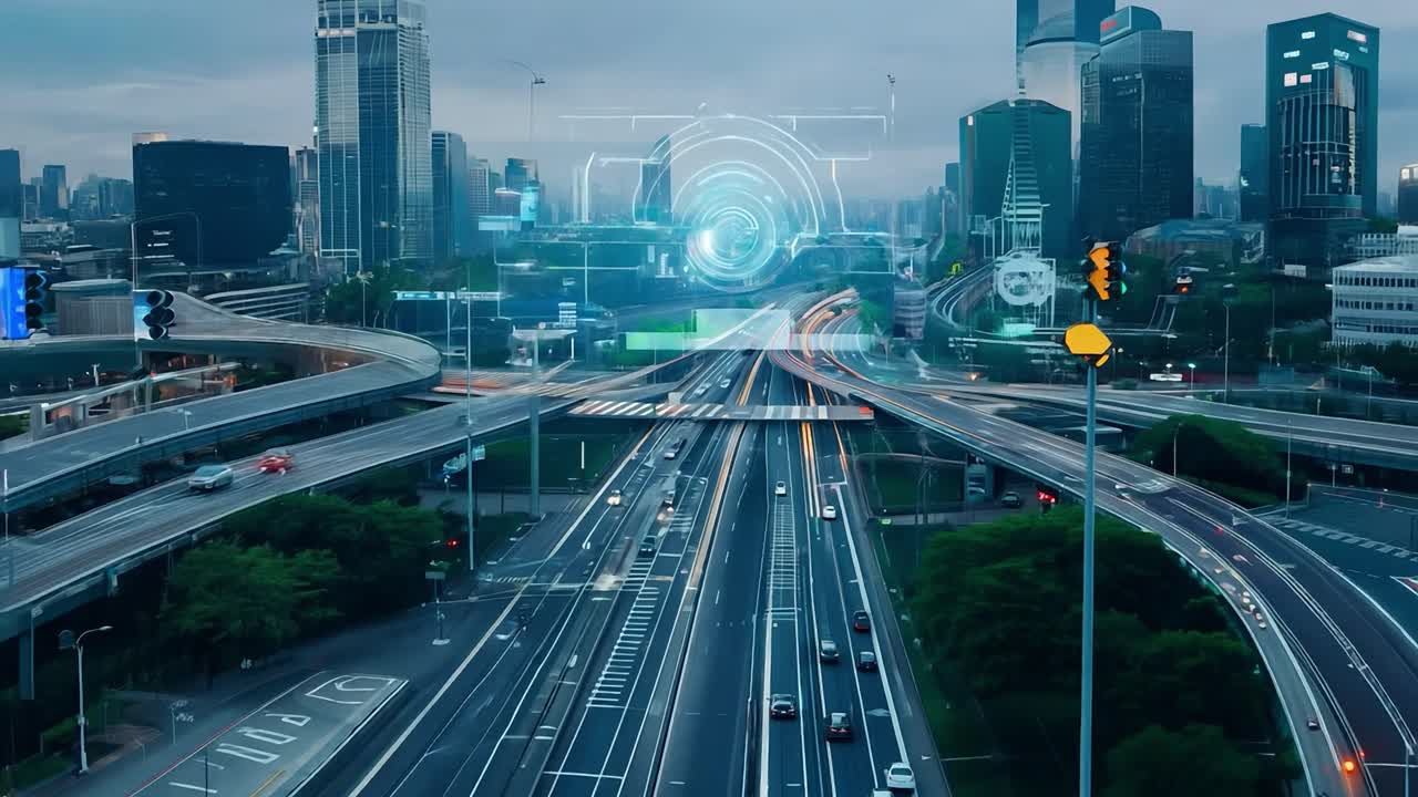 밤에 미래의 도시 고속도로