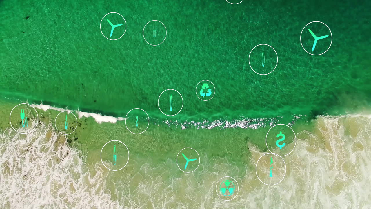 Animation of environmental icons overlaying ocean waves meeting sandy shore