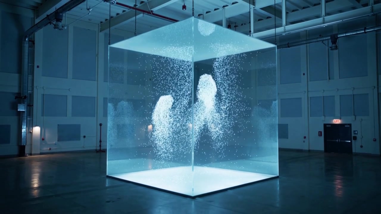 Cubo trasparente che sale, mostrando una base illuminata che genera pennacchi di bolle, che si gonfiano e si dissolvono in un magazzino