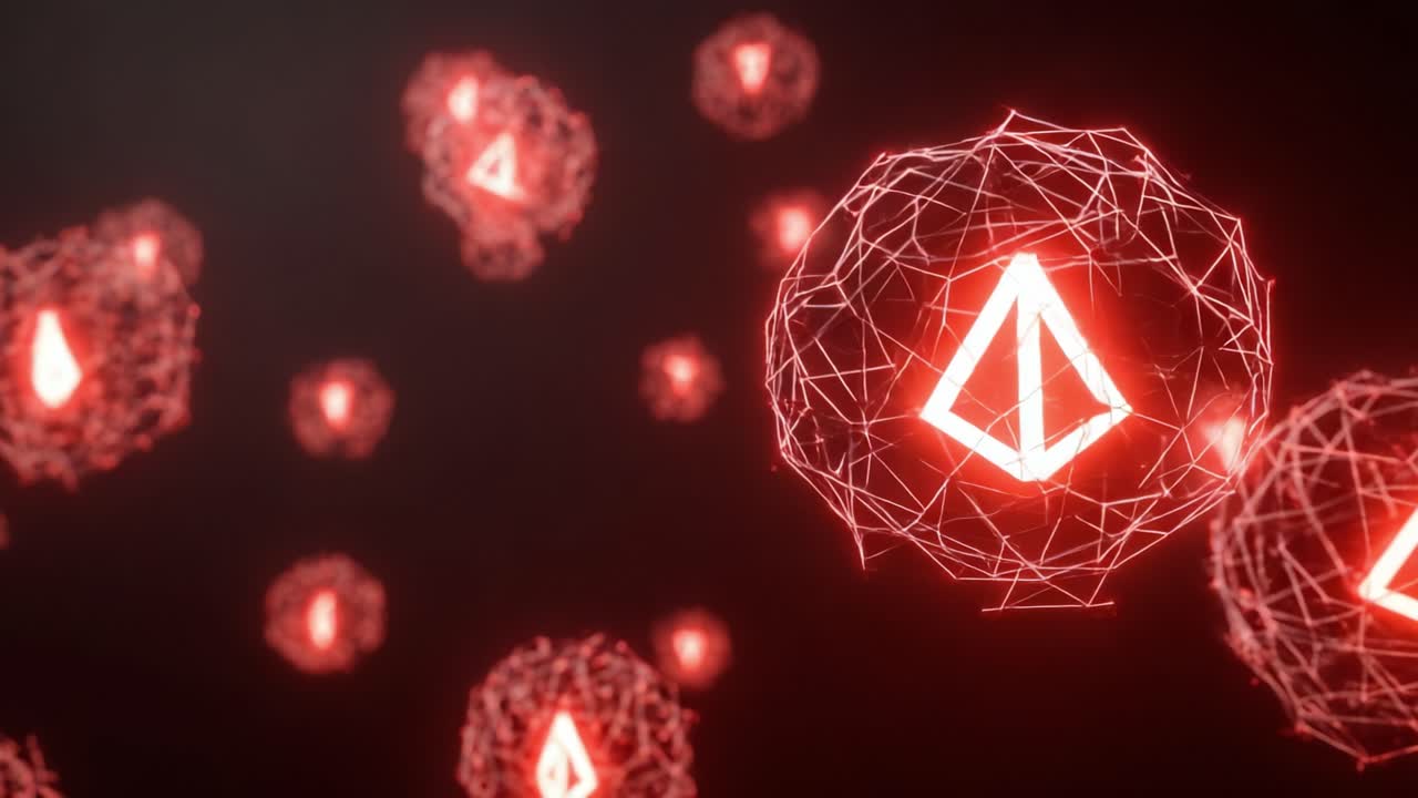 An Intriguing Visualization of Geometric Shapes Interconnected by Dynamic Light Patterns, Showcasing Vibrant Red Triangles in a Digital Network Environment