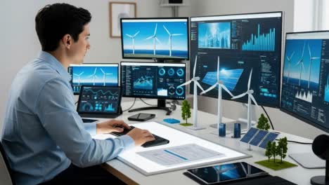 energy engineer analyzing wind and solar power data on multiple computer monitors in office
