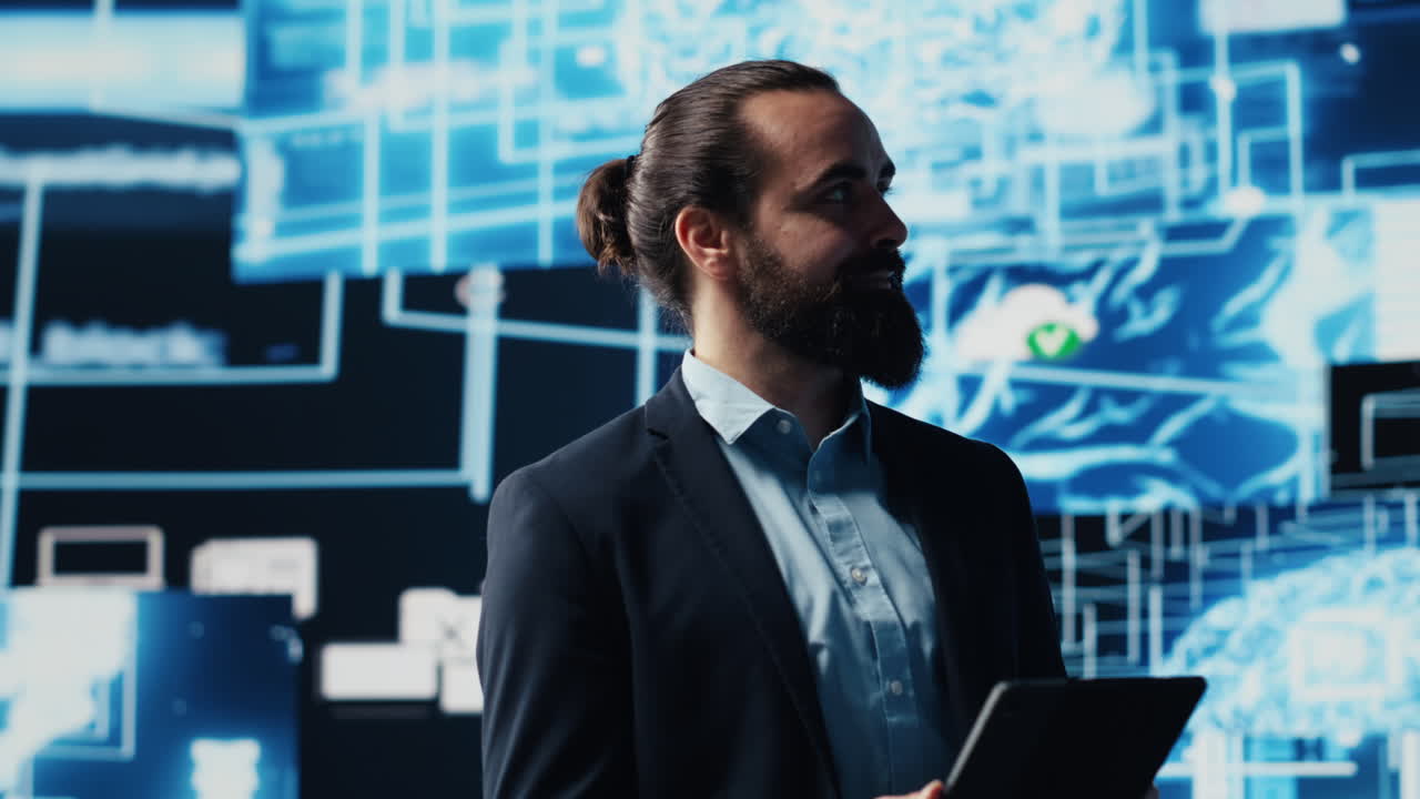 Entreprenør bruger bærbar computer til at gennemgå kunstig intelligens hjernesystem