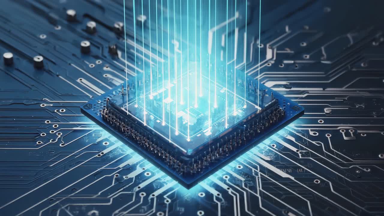 Central Processing Unit (CPU) on Circuit Board with Light Beams
