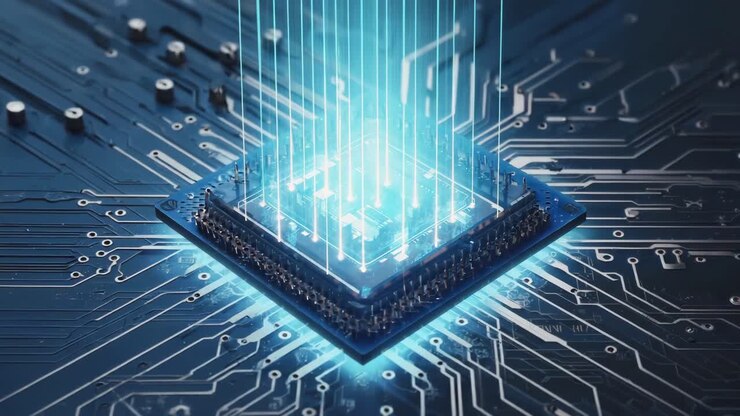 Central Processing Unit (CPU) on Circuit Board with Light Beams
