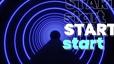 animation of start text over neon tunnel on black background