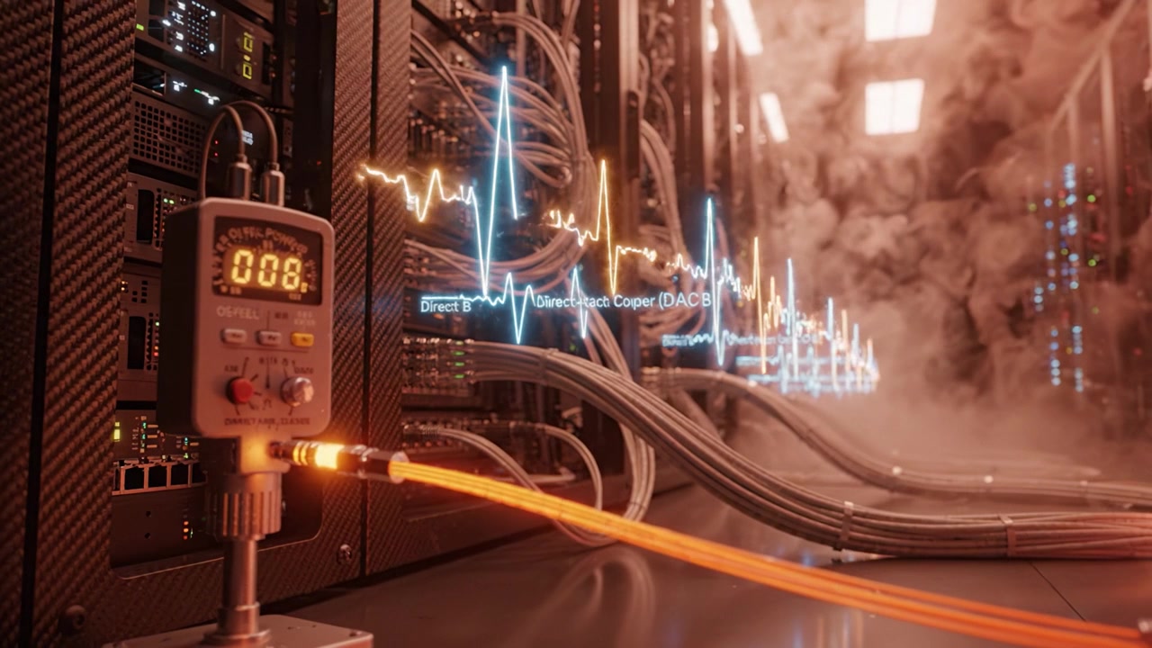 A Detailed Overview of High-Tech Server Equipment Displaying Signal Readouts and Complex Wiring in a Modern Data Center Environment