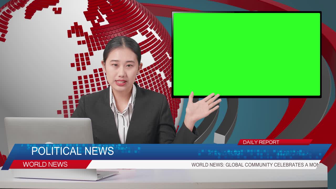 Live News Studio With Asian Professional Female Anchor, Computer, And Green Screen Television Pointing To Side While Reporting On The Events Of The Day