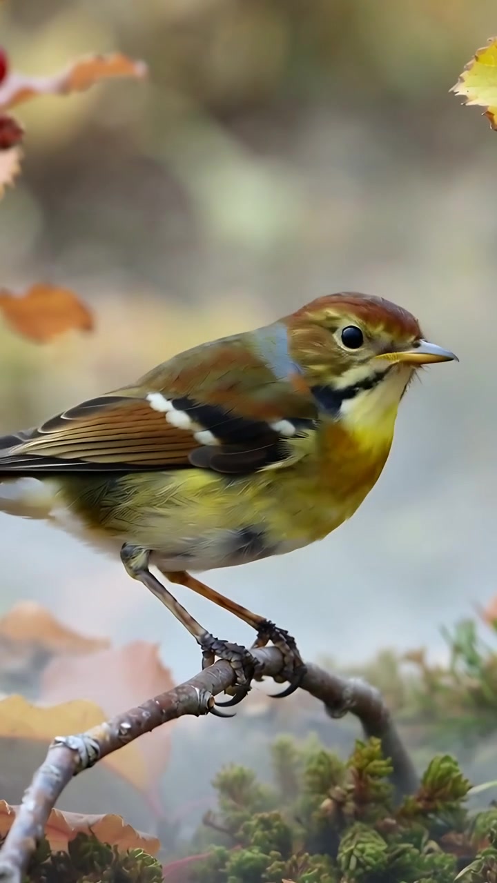 Video verticale: Ispezione del muschio, un uccello che sbatte le ali e scruta un ramo curvo vicino a bacche nel bosco.