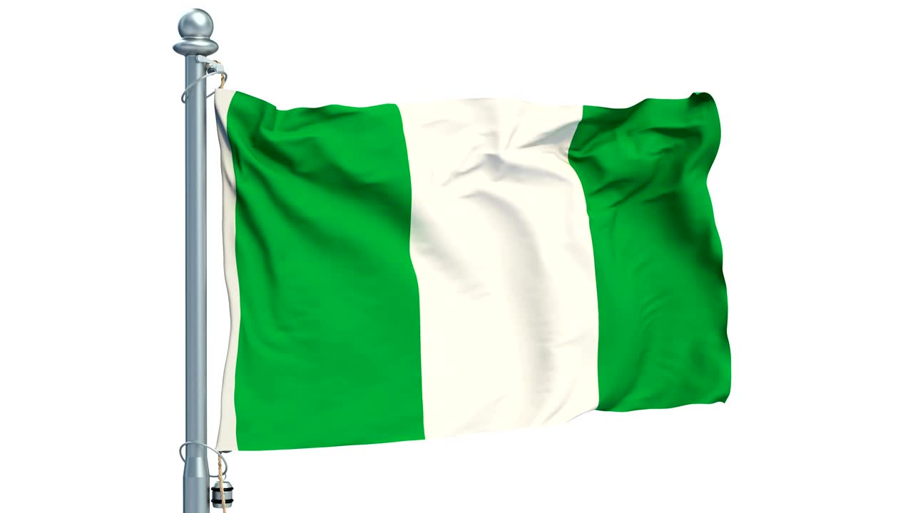 bandera nigeriana ondeando sobre un fondo blanco, animación. representación en 3d