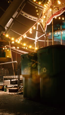 vista nocturna de un carnaval con un carrusel, una rueda de ferris y contenedores de basura