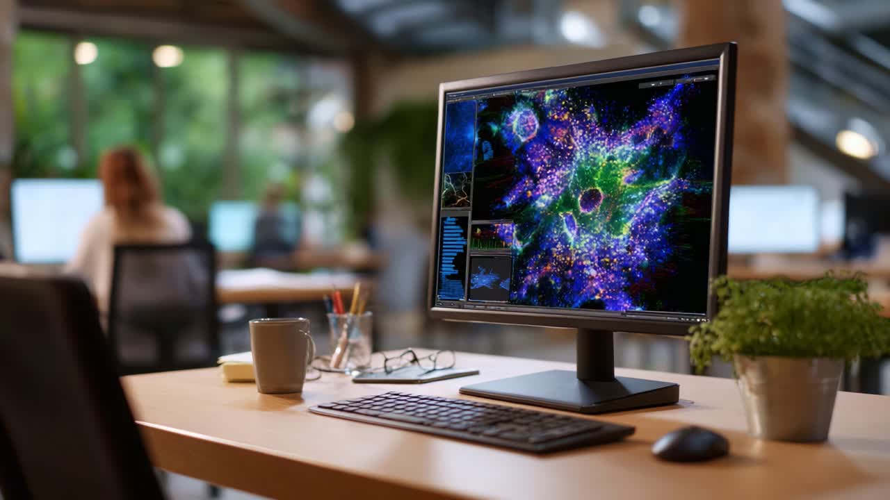 Fængslende fremvisning af farverige datavisualiseringer på en computerskærm i et moderne kontormiljø med grønne planter og arbejdsstationer i baggrunden