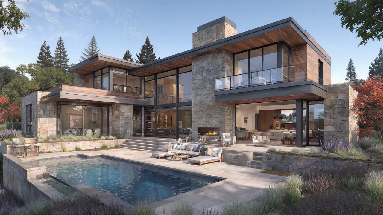 Contemporary Stone House with Expansive Glass Walls and Beautiful Pool Area Surrounded by Lush Landscaping in a Sunny Environment