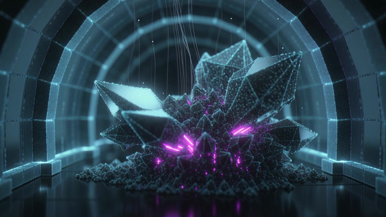 Growing crystal touching falling filaments, emitting magenta veins over glossy floor in cyan arches