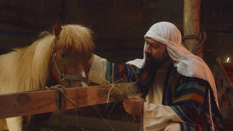 man feeding a pony in a stable