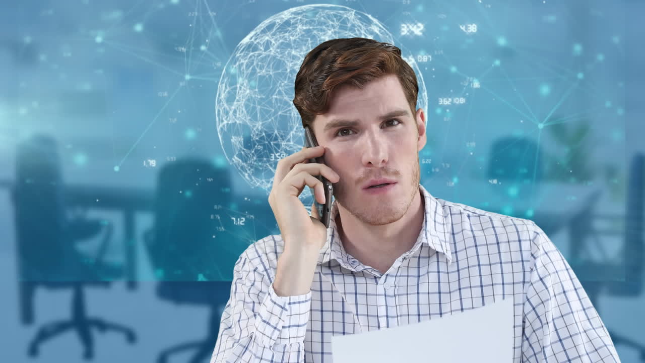 Animation of businessman using smartphone and financial data processing over empty office