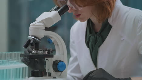 female scientist is exploring samples in microscope in laboratory chemical or microbiological expertise details of person and equipment