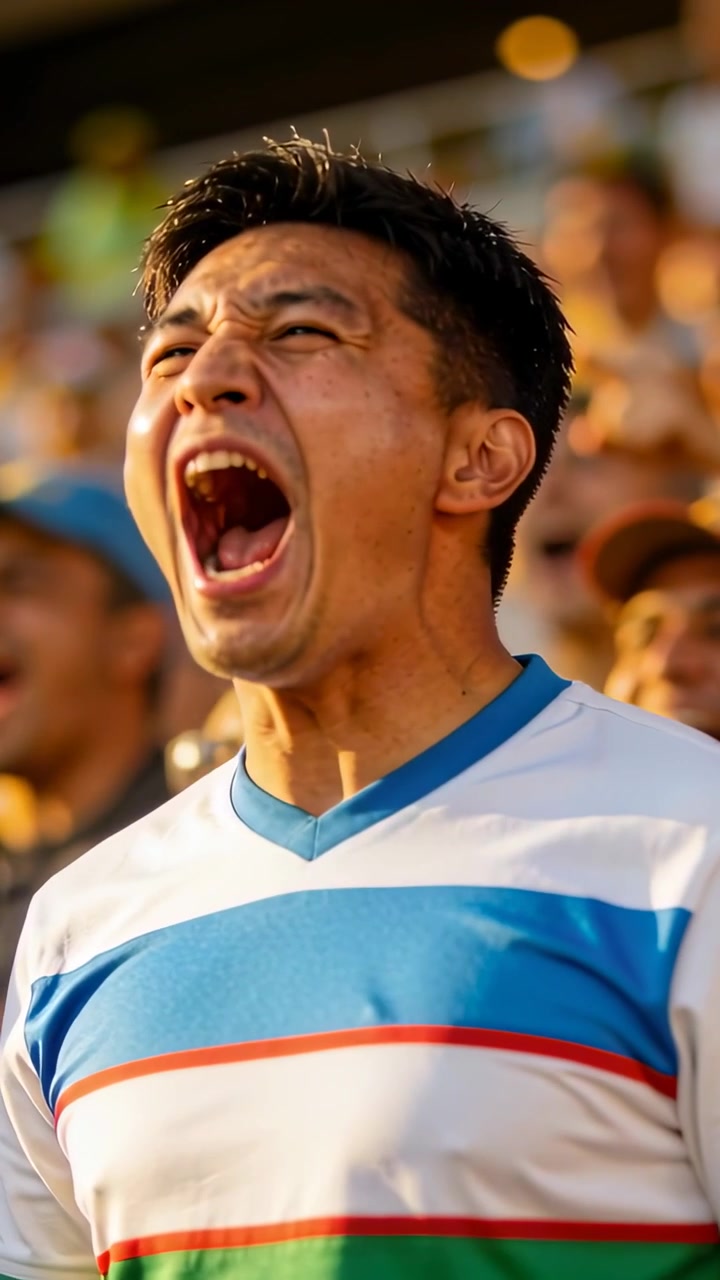 Vertical video: Hearing crowd roar, Asian male shifting from call to shout in stands, striped tee