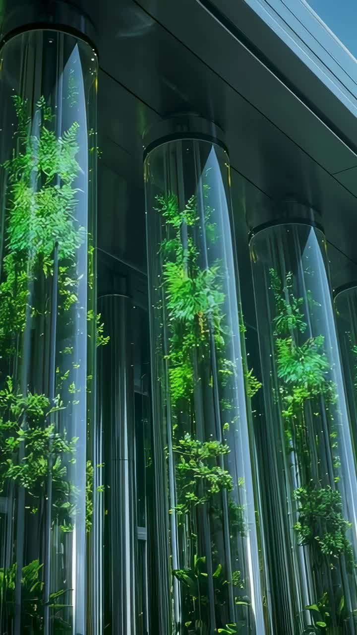 Vídeo vertical: movimento panorâmico da câmera revelando colunas de plantas de vidro altas no lobby após uma leve inclinação