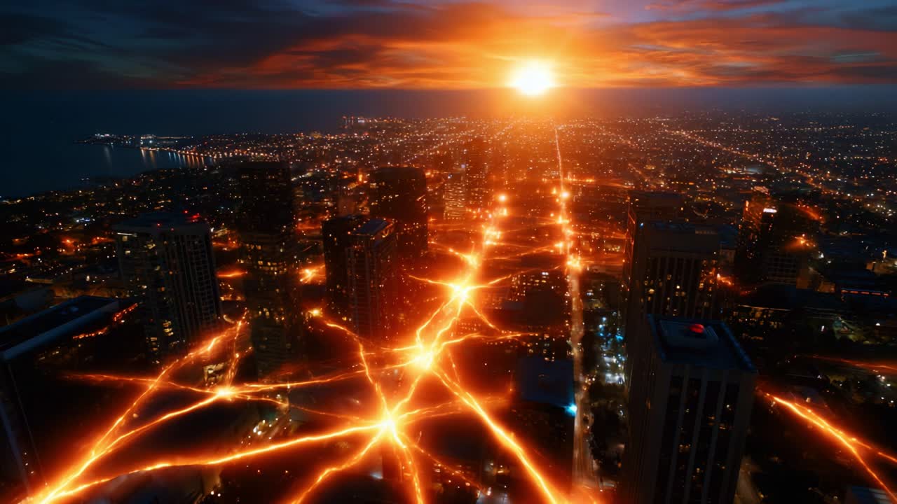 A breathtaking aerial view of a vibrant city skyline illuminated by glowing trails of light, capturing the mesmerizing transition from sunset to nighttime, showcasing the dynamic energy and urban beauty of the metropolis