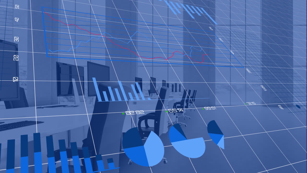 Animation of statistical data processing over grid network against empty office