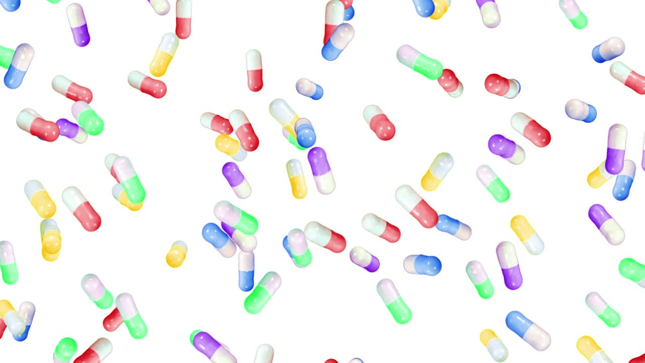 volando muchas cápsulas médicas en fondo blanco. concepto de medicina y farmacia. animación 3d de coloridas cápsulas de pastillas girando. animación de bucle.