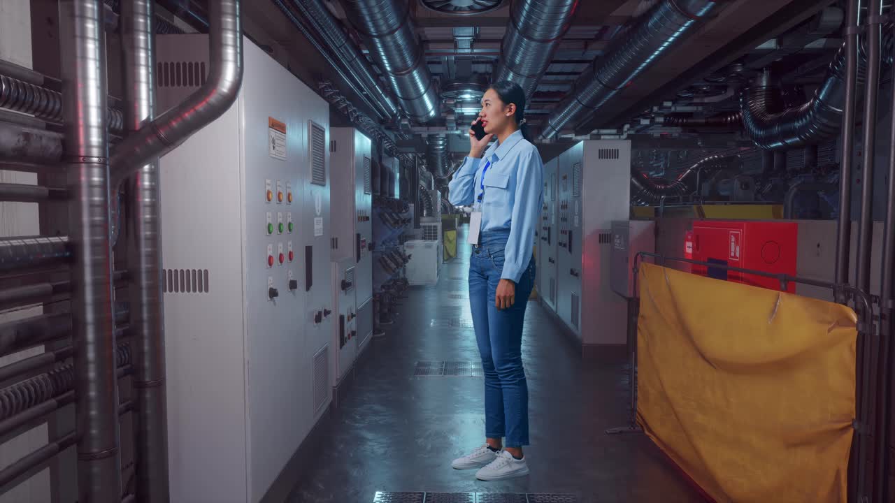 Full Body Side View Of An Asian Female Professional Worker Standing In Engine Control Room, She Is Speaking With Someone In The Phone