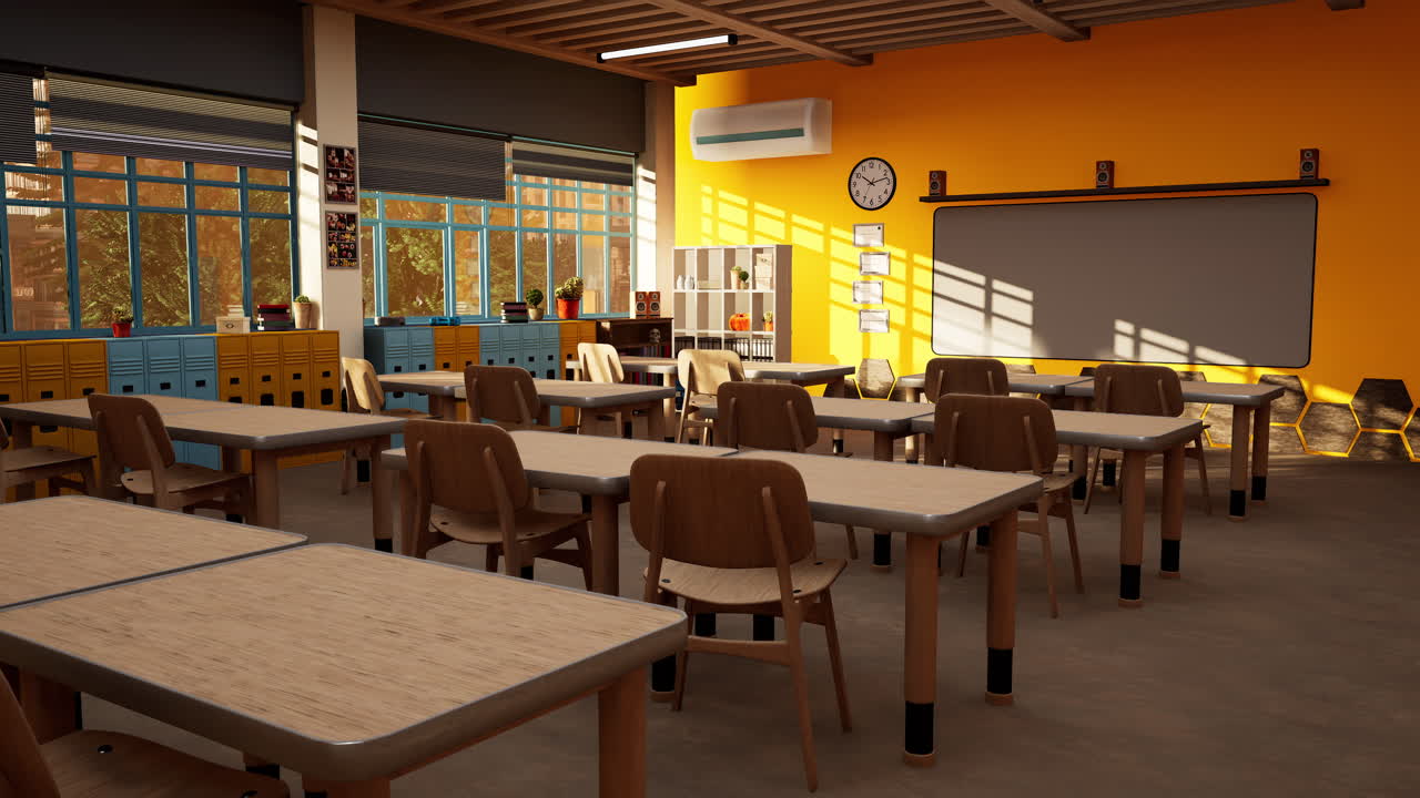 Bright classroom filled with wooden desks in rows inside lecture hall