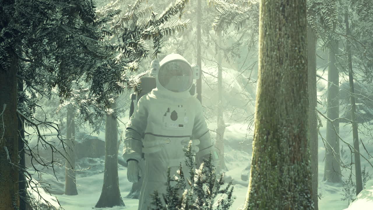 Astronaut exploring a snowy forest under diffused sunlight