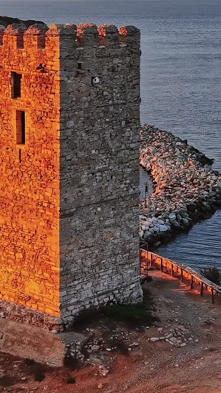Torre in Grecia vicino all'acqua e alle barche al tramonto