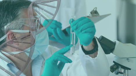 animación de adn sobre trabajadores de laboratorio masculinos caucásicos mayores con muestras