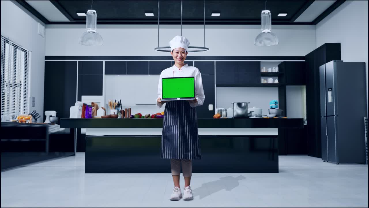 Full Body Of Asian Woman Chef Smiling And Showing Green Screen Laptop To The Camera In Home Kitchen